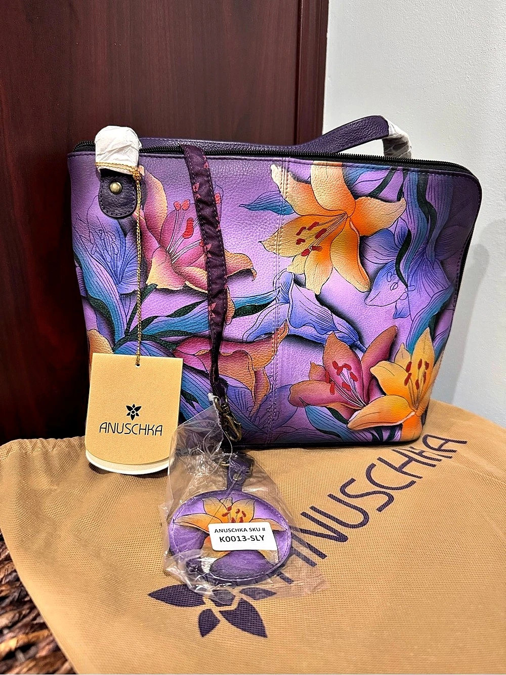 Anuschka Hand-Painted Leather Shoulder Bag Floral Purple Shoulder Bag